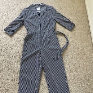J.O.A Striped Wide Leg Jumpsuit Tie Waist Short Sleeves White Blue Sz S